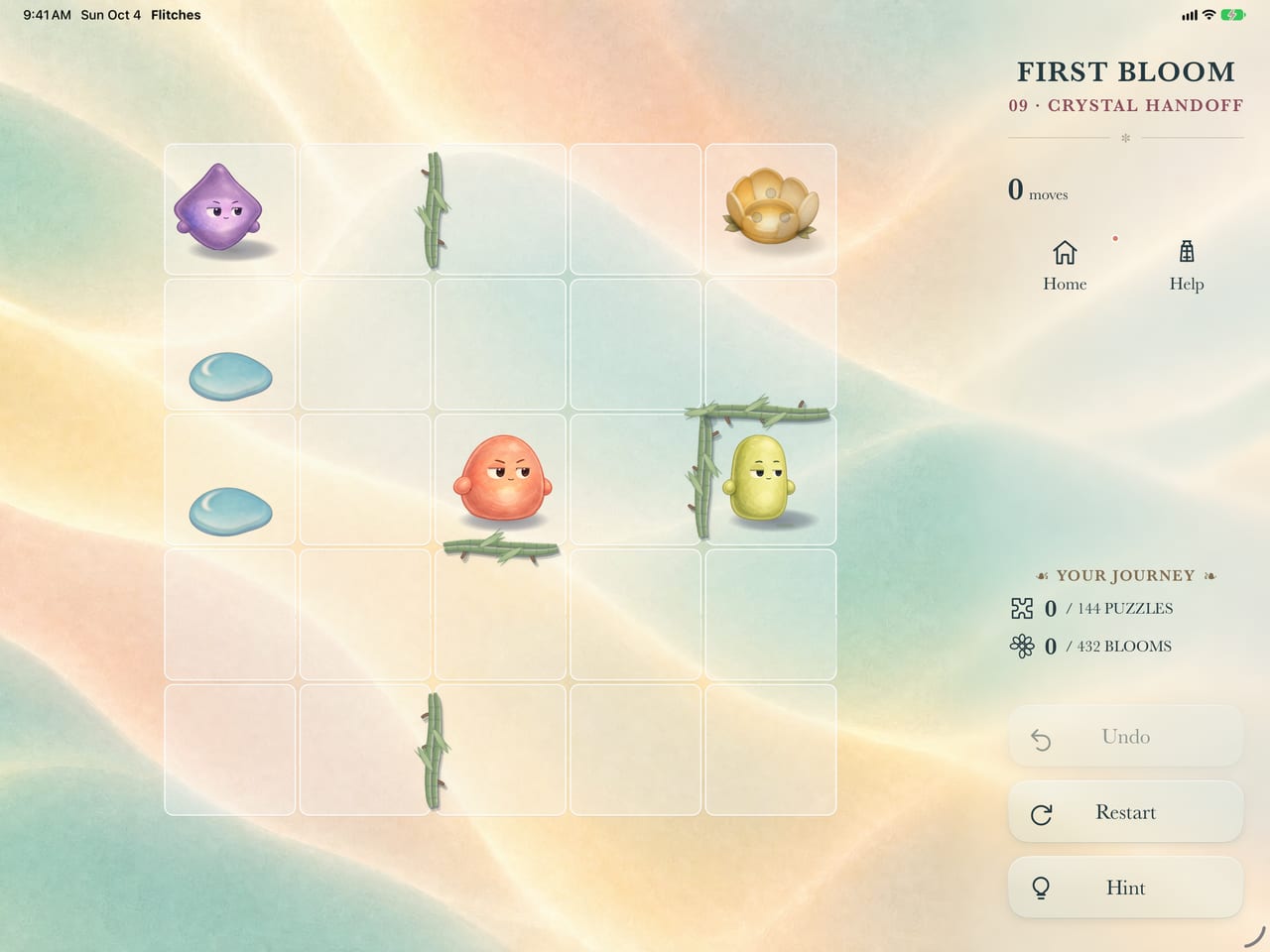 Crystal Handoff in landscape on iPad, with three Flitches and two Dewdrops beside the journey sidebar.
