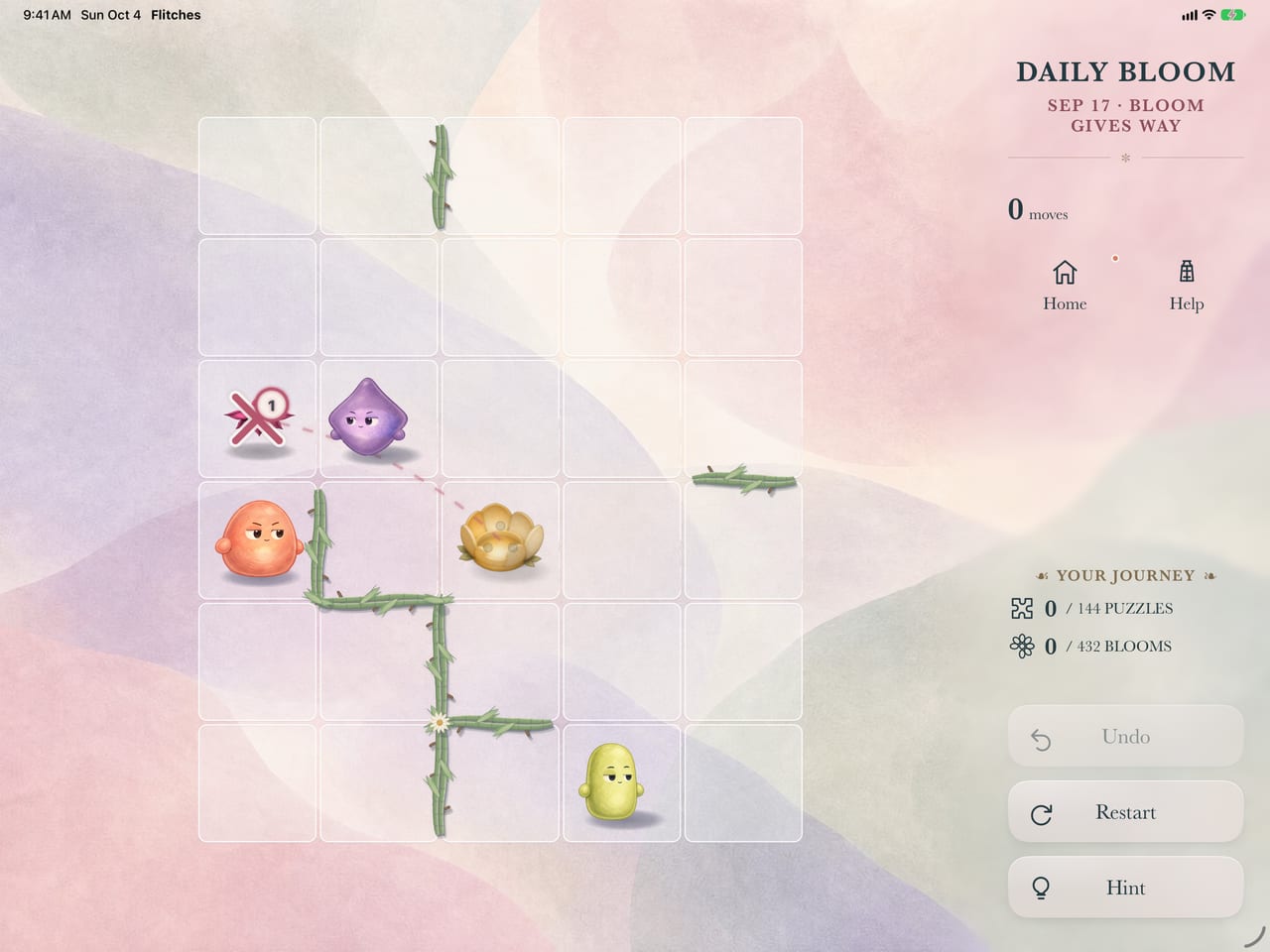 Bloom Gives Way, the September 17 Daily Bloom archive puzzle, in landscape on iPad.