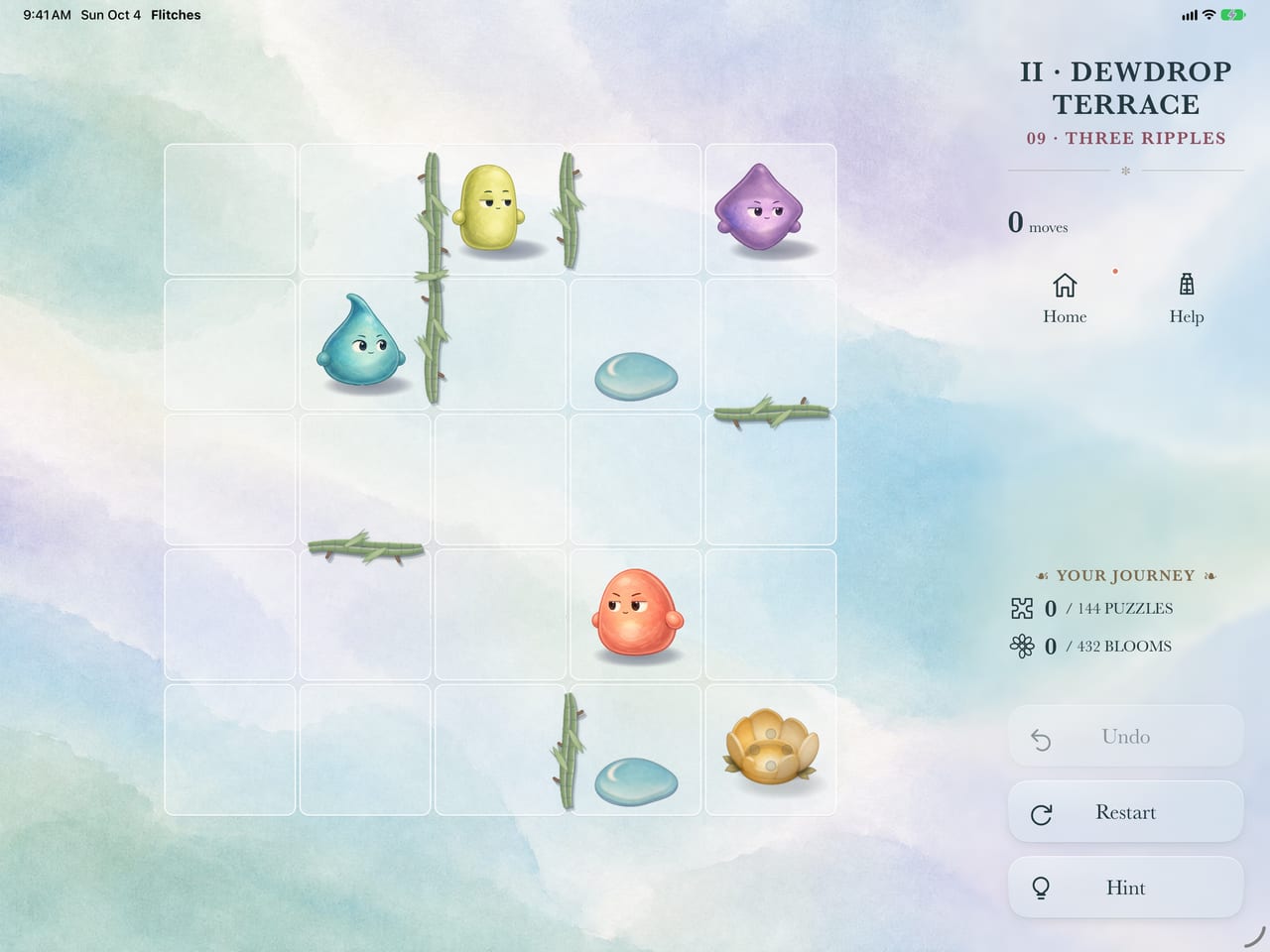 Three Ripples in landscape on iPad, showing Flitches, Dewdrops and Living Roots.