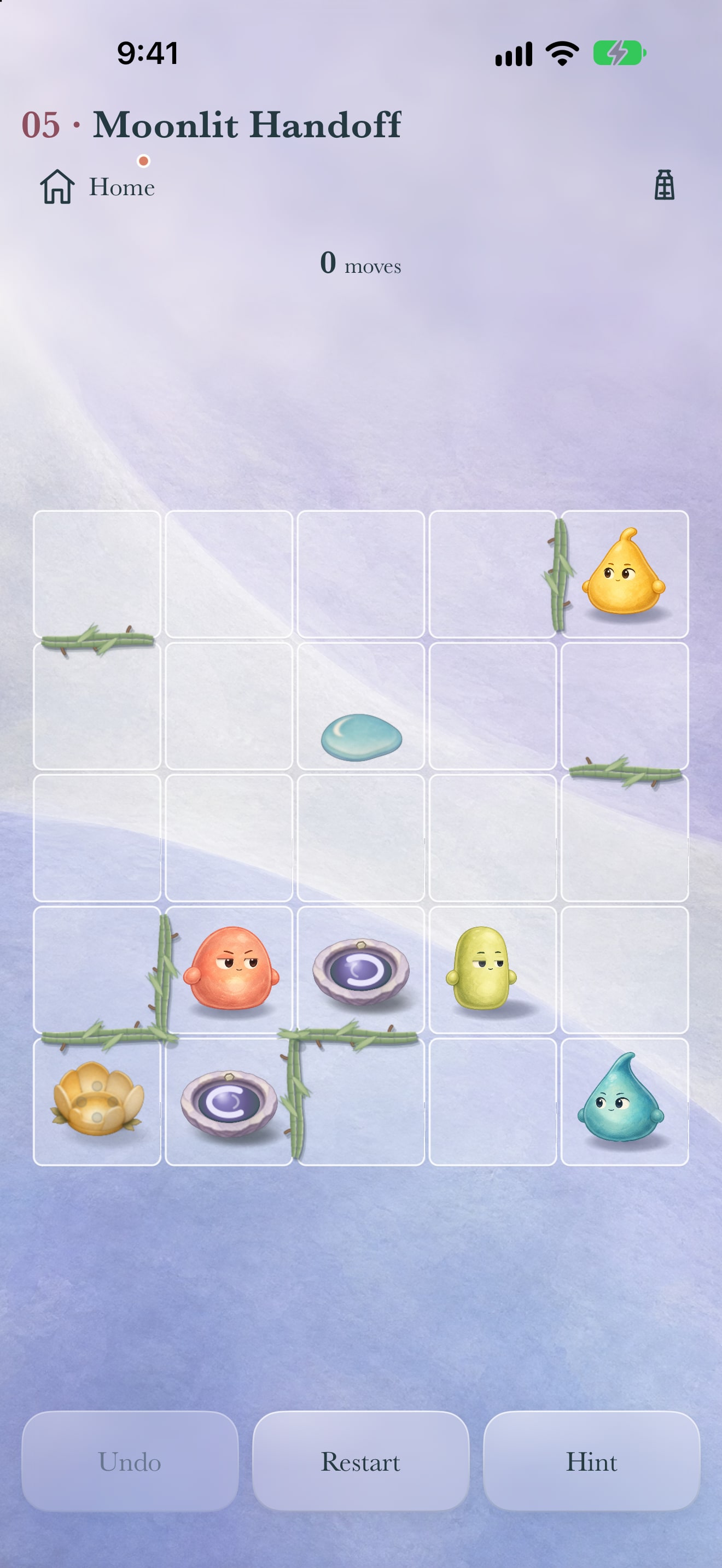 Board detail from Moonlit Handoff: two purple Moonpools connect the lower rows beside Coral, Lime and Aqua.