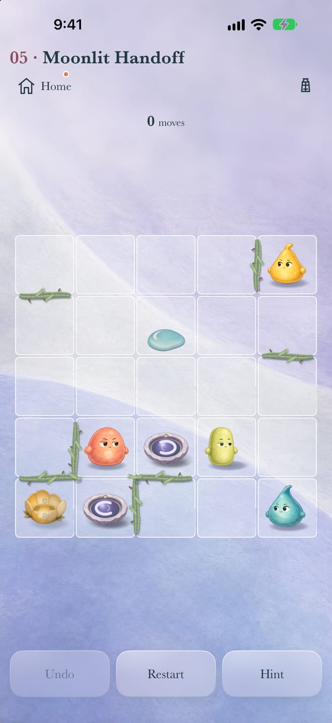 Moonlit Handoff on iPhone, with four Flitches, paired purple Moonpools, a Dewdrop and Living Roots.