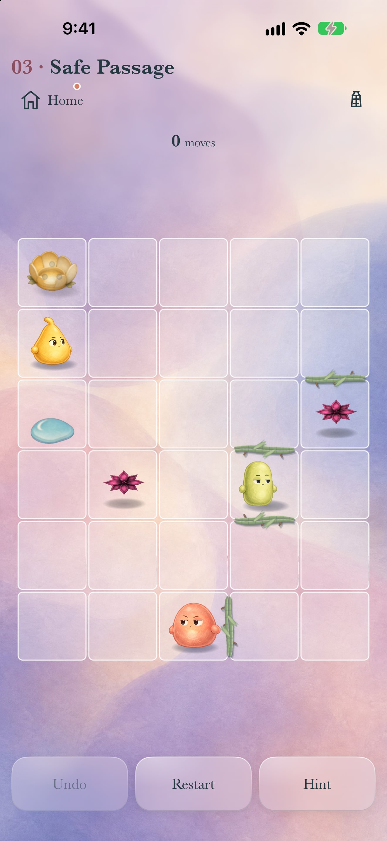 Board detail from Safe Passage: Lime waits between Living Roots near two magenta Dark Blooms.