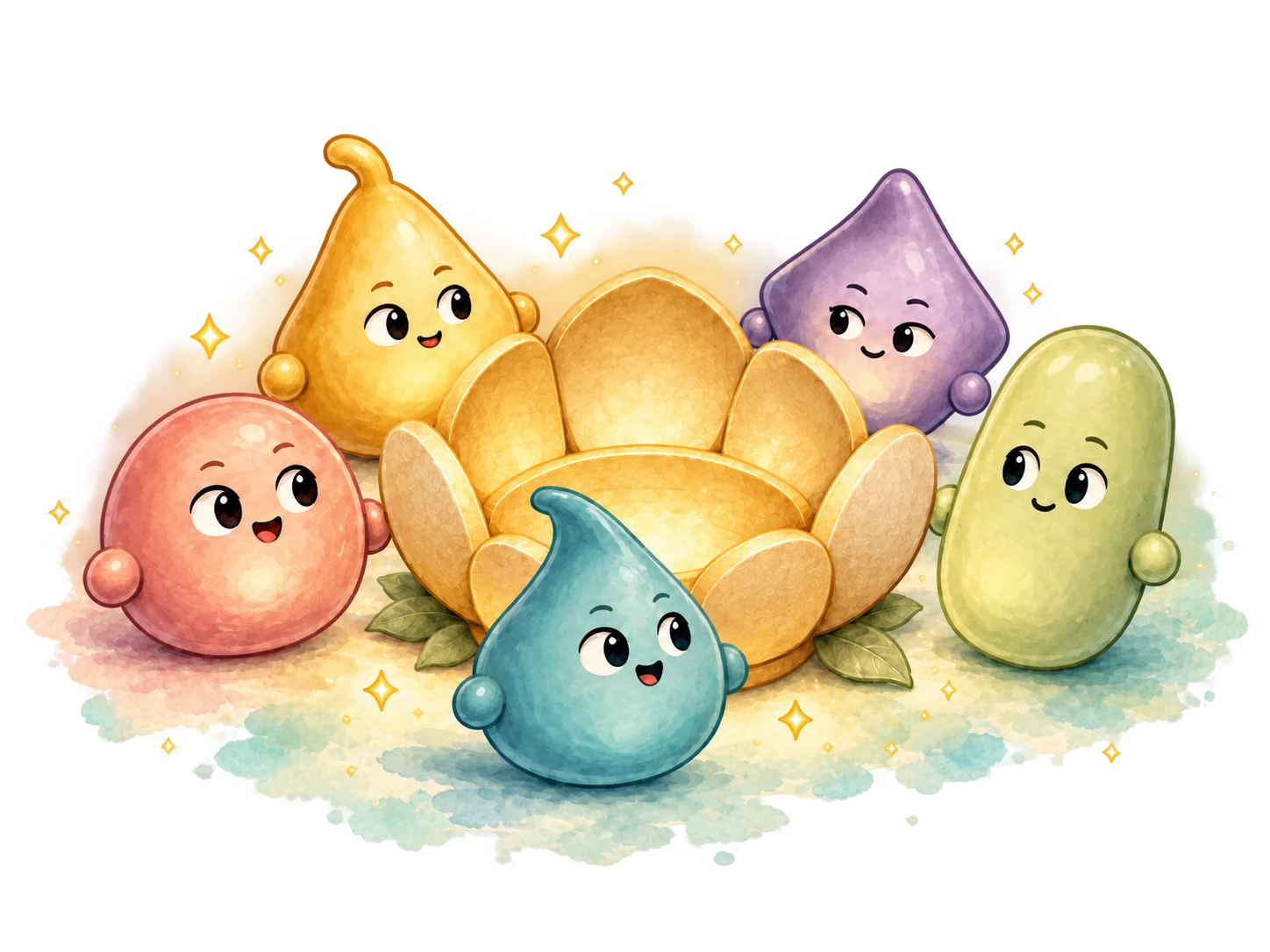 Coral, Amber, Aqua, Violet and Lime gathered around a glowing golden Homecoming flower.